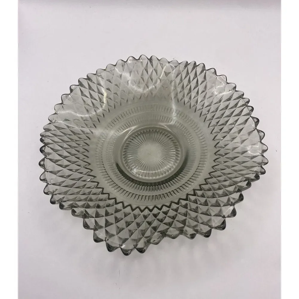 Indiana Glass Clear/Gray Diamond Point Cut Glass‎ Round Candy Dish Ruffled Edge